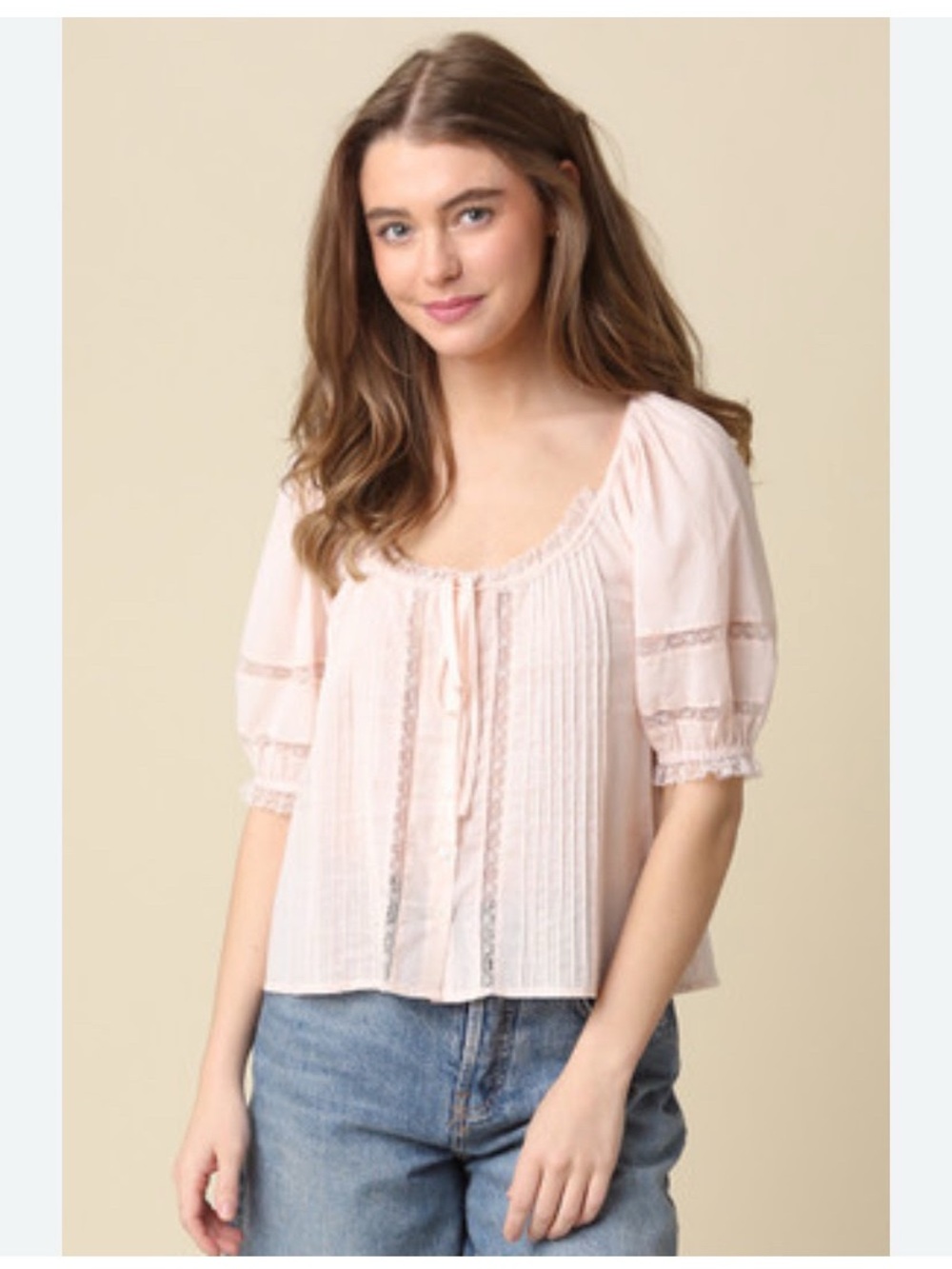 Olivaceous Light Pink Pintuck Lace Peasant Blouse